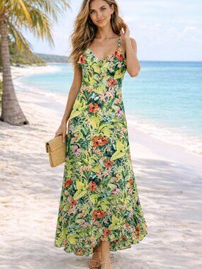 Tommy Bahama Tropolicious Floral Ruffle Maxi Dress Size Small Pockets